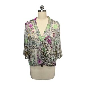 Floreat Blouse Womens‎ XS Multicolor Floral Silk Blend Surplice Wrap Sheer Boho